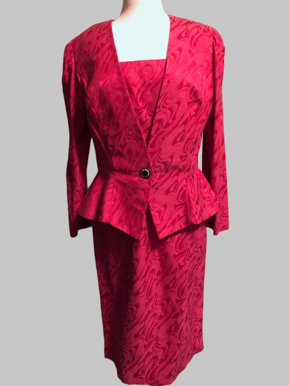 VTG 80s Nah Nah Collection Red Jacquard 2pc Midi Dress Set W/ Jacket Sz 12